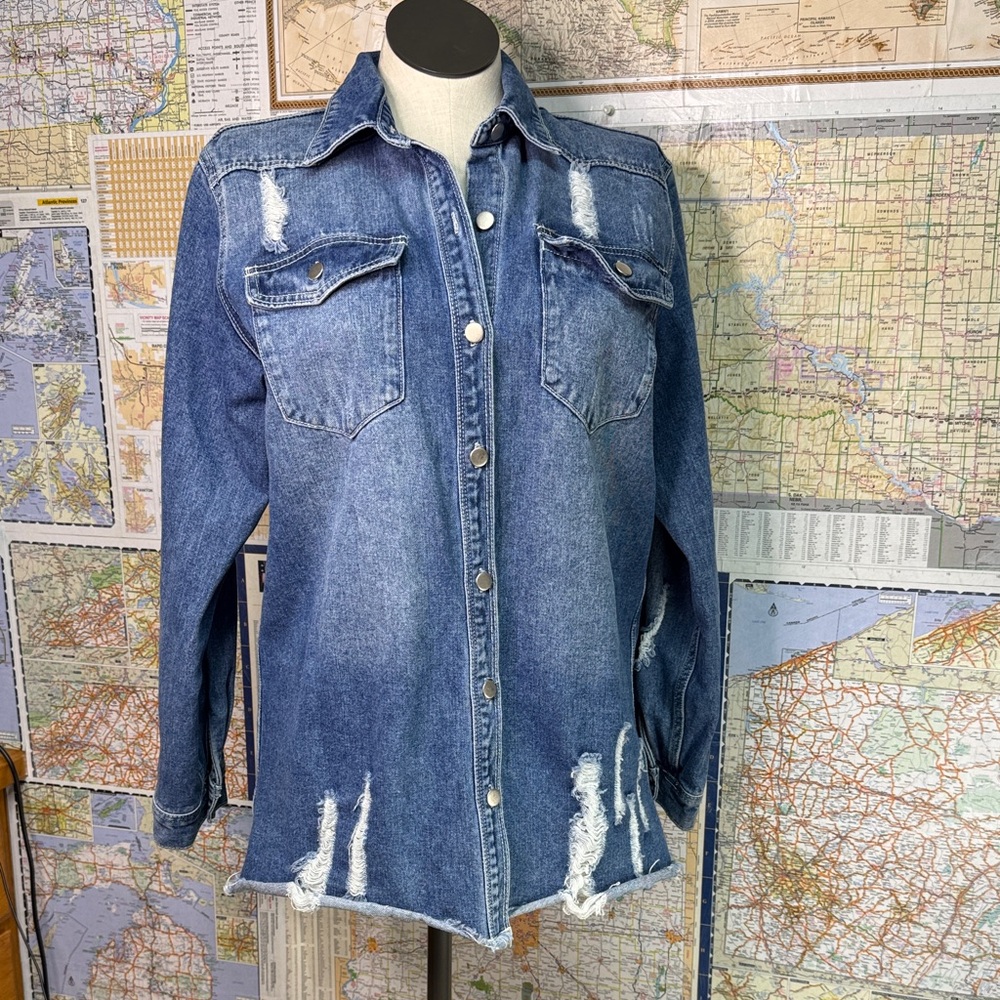 Distressed Ladies Western Style Blue Denim Jeans Jacket